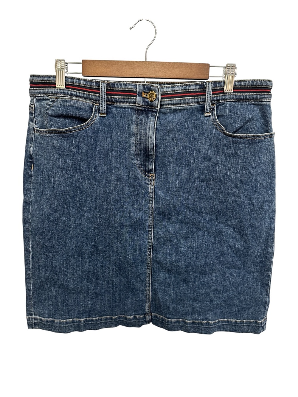 Talbots knee length denim skirt with red blue grosgrain ribbon stripe Size 12